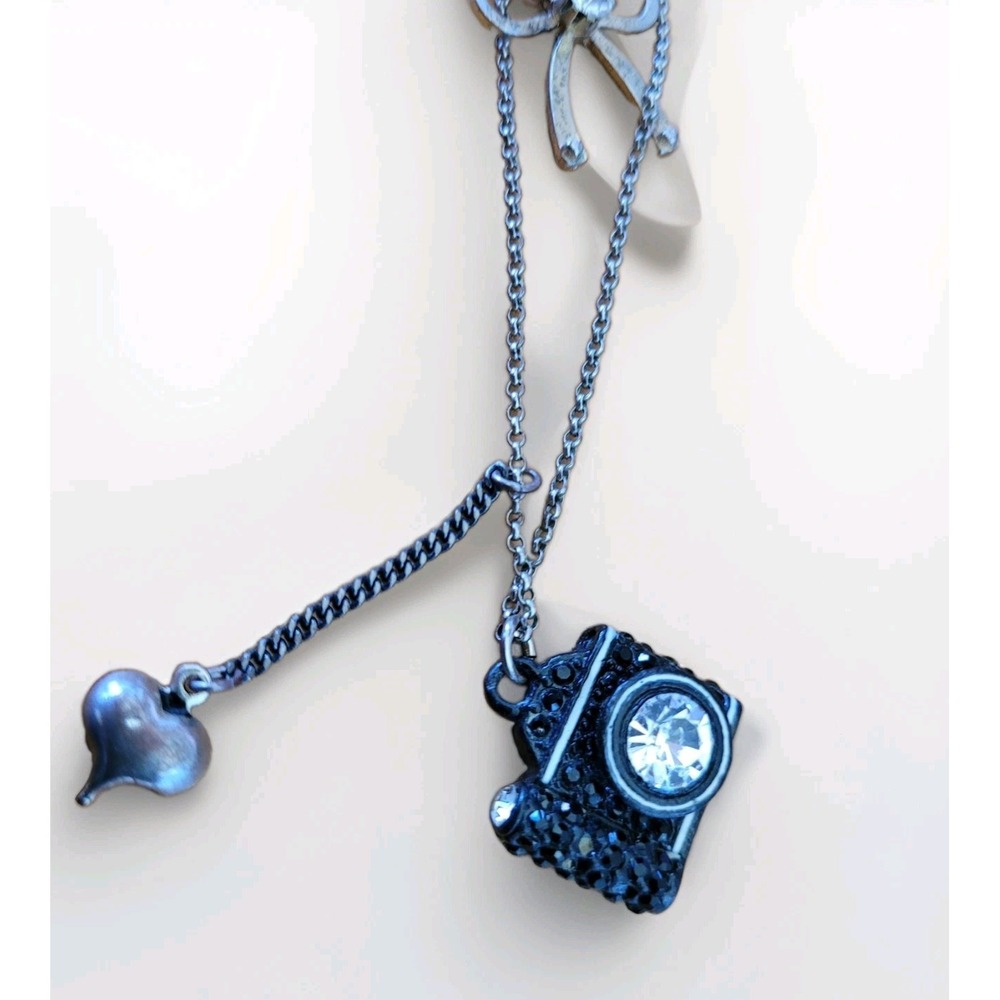 BETSEY JOHNSON Camera Pendant Necklace Double Strand Bow Heart Rhinestone 30"